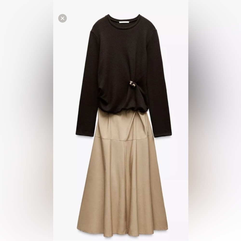 Zara Black Long Sleeve Top with Beige Maxi Skirt